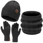 Homme Hiver Bonnets Gants Tactiles Echarpe Ensemble Cable Knit Slouchy Chapeau avec Doublure en Polaire, Gris