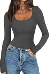 Zeagoo Femmes Tops Sexy Couleur Unie Tops éLégant Ombilical Tops Manches Longues Col Carré Tight Shirt Basic Tricot T Shirt Gris Foncé XXL