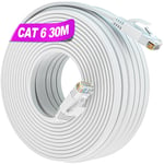 Cable Ethernet 30m Cat 6, Cable RJ45 Plat 30m Blanc Câble Réseau Extérieur, UTP Câble Internet 30 Mètres Impermeable Haut Débit Fibre 10/100/1000Mbit/s Gigabit Cable LAN Extra Long Cable Patch.[G1028]