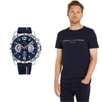 Tommy Hilfiger Montre Analogique Multifunction à Quartz pour Homme avec Bracelet en Silicone Bleu Marin - 1791476 & T-Shirt Homme Core Tommy Logo Tee Encolure Ronde, Bleu (Sky Captain), XL