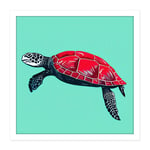 Loggerhead Sea Turtle Red Shell Animal Watercolour Ink Stamp Illustration Square Framed Wall Art Print Picture 16X16 Inch