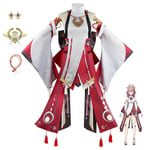 Genshin Impact Yae Miko Cosplay Kostym Kvinnor Rosa Långt Hår Peruk Genshin Cosplay Kostymer Yae Miko Amulett Full Set-Xin XS