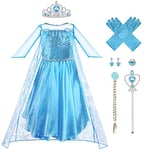 Vicloon Robe Princesse Elsa,5PCS Robe de Princesse Reine des Neiges pour Cosplay Mariage Carnaval Fête d'anniversaire - avec Accessoires de Baguette Magique Princesse Couronne,140cm