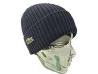 LACOSTE Wool Cuffed Beanie Mens Marine Ribbed Hat Embroidered Fold-up Cap BNWT