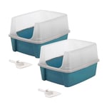 Iris Ohyama Cat Litter Tray with Scoop, Set of 2, Blue, Easy to Clean, Cat Litter Box, Detachable Spill Preventing Walls, For Kittens, Adult Cats, Rabbits, BPA Free, Open Top, Modern, CLH-12