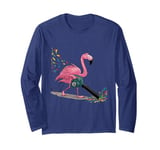 Funny Pink Flamingo Blowing Fall Leaves with Leaf Blower Long Sleeve T-Shirt