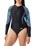 Speedo Long Sleeve Swimsuit 1 Piece Maillot de bain Femme, Bleu/Noir, 30