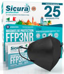 SICURA MASCHERINE CHIRURGICHE 25x Masque FFP3 Noir certifié CE fabriqué en Italie Haute Filtration Plus élevée BFE ≥99% PFE≥99% Masques 25 pièces Scellés Individuellement UV-C Désinfectez