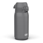 Ion8 Kids Water Bottle, Steel 400 ml/13 oz, Leak Proof, Easy to Open, Secure Lock, Dishwasher Safe, Flip Cover, Carry Handle, Easy Clean, Durable, Metal Water Bottle, Carbon Neutral, Grey