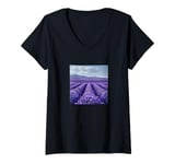 Womens Lavender Fields In Bloom Vintage Landscape Graphic V-Neck T-Shirt