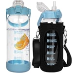 Seekua 1.5 litre Sport Gourde d'eau Avec Paille et Temps Motivation Marqueur, 1.5l Grande Bouteille d'eau Verre Avec Sans BPA Pour le Gym Bureau Fitness Camping