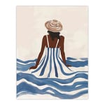 Artery8 Woman in Blue White Stripy Summer Holiday Dress Living Room Large Wall Art Poster Print Thick Paper 18X24 Inch