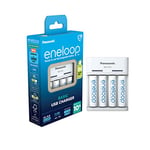 eneloop Basic Chargeur USB, pour 2 ou 4 Piles Rechargeables AA/AAA, 10h de Temps de Charge, 6 Fonctions de sécurité, 4 eneloop Piles AA (2000 mAh) incluses