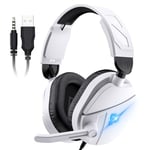 Gaming Headset Stereo Surround for PC, 2m Gaming Headphones Wired with Noise Canceling Mic, PS4 PS5 Headsets with Soft Memory Earmuffs, RGB Light, Over Ear Headphones for Xbox One Mac Laptop, White