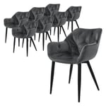 Lot de 8 chaises de salle à manger assise anthracite en velours pieds métal noir