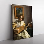 Big Box Art Girl Playing Instrument by Johannes Vermeer Canvas Wall Art Print Ready to Hang Picture, 76 x 50 cm (30 x 20 Inch), Brown, Black, Green