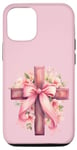 Coque pour iPhone 12/12 Pro Pink Christian Cross Graphic For Women Girl Wildflower Cross