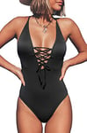 CUPSHE Femme Maillot de Bain 1 Pièce à Lacets Dos Croisé Texturé Lace Up Swimsuit Maillot 1 Pièce Maillot de Bain Noir S