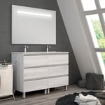 Meuble de salle de bain double vasque - 6 tiroirs - PALMA et miroir Led STAM - hibernian (bois blanchi) - 120cm