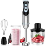 FRESKO Hand Blender 4-in-1, 1000W Electric Stick Blender Stainless Steel with 12-Speeds & Turbo Mode, Baby Food Immersion Blender Handheld with Whisk，700ml Measuring Cup & 500ml Chopper