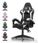 bigzzia Ergonomic Gaming Chair - Gamer Chairs with Lumbar Cushion + Headrest, Height-Adjustable Office & Computer Chair for Adults, Girls, Boys (Without footrest, White)