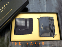 TED BAKER Card Holder & Pocket Square Gift Set Mens Black Hankie Mini Wallet NEW