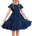 Flypigs Robe pour Filles Robes de fête de Mariage Robes d'été pour Enfants col Rond Manches Courtes Longueur Genou en Mousseline de Soie Robe d'été Bleu foncé 3-4 Ans