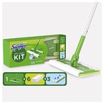 Swiffer Kit Complet Balai, 1 Balais, 6 Lingettes Sèches et 3 Lingettes Humides, Attrape Et Retient 3 Fois Plus De Poussière, Saleté Et Poils Qu’Un Balai Classique