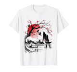 Japanese Tree Red Moon With Birds Flying in background T-Shirt