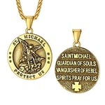 Bestyle Men Women 18K Gold Plated Vintage Angel Round Charm Necklaces Saint Michael Medallion Pendant with 22" Spiga Chain Christian Faith Jewelry for Gift