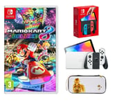 Nintendo Switch OLED (Neon Red & Blue), Minecraft, Mario Kart 8 Deluxe & Princess Zelda Slim Travel Pro Nintendo Switch Case Bundle, Red,Blue