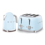 Smeg Kettle 1.7L 3Kw & 4-Slice Toaster Set, Stainless Steel in Pastel Blue