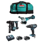 Kit d'outils électriques MAKITA MK305 - Perceuse à Percussion, Perforateur, Mini-Meuleuse - 2 Batteries 3,0 Ah