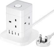 8-In-1 Smart Tower Extension Lead Socket with SWITCH |2 USB C|2 USB A|13A 250W