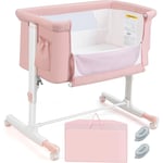 Costway - 3 en 1 Lit Cododo Bébé avec Matelas & 5 Hauteur Réglable, Lit Bébé Evolutif avec Inclinaison & 2 Sangles, Roues avec Frein, Sac de