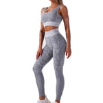 Women's Workout Outfit 2 Pieces Mesh Patchwork Yoga Leggings Pants With Sports Bra Gym Clothes Set, Yoga Suits for Women Gym Running Set grey-L