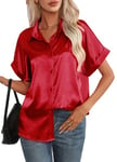 Maeau - Chemise en Satin Blouse Femme Manches Courtes T-Shirt en Satin Soie Top Été Casual Bureau Chemisier Col V S Rouge