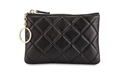 DORIS&JACKY Soft Lambskin Leather Coin Purse Small Quilted RFID Blocking Top Zipper Wallet With Key Chain, Black, Style-1