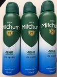 3 x 150ml Mitchum Mens Antiperspirant Deodorant Ice Fresh 48H Protection NEW