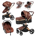 Magic ZC PU Leather 3 in 1 Pushchair Pram Travel System, Baby Stroller 3 in 1 with 360° Rotatable Seat, Newborn Infant Carriage One-Click Folding, Toddler Buggy Aluminum Frame (906 Brown)