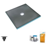 Wedi - Receveur de douche à carreler 150 x 150 Fundo Primo carré écoulement centrée + bonde verticale + kit d'étanchéité + colle 320