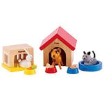 Jouet Hape - Ensemble Animaux Domestiques pour Maison de Poupée en Bois - Jouet pour Enfant à partir de 3 ans - Figurines Chien, Chat et Lapin avec leurs Accessoires - Jouet Fille et Garçon