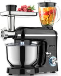 Homlee Robot Pâtissier Multifonctions 1800W Blender Robot Professionnel Hachoir à Viande Électrique avec Mixeur Verre 1,5L, 3 Plaques de Broyage, Bol d'Acier Inoxydable 5.5L