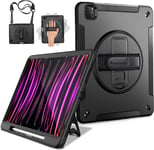 Coque Pour Ipad Pro 12.9 2022/2021: Housse/Etui De Protection Antichoc À Trois Couches Pour Ipad Pro 12.9 Pouces 6e/5e Génération -Porte-Stylo -Support Rotatif -Dragonne/Bandoulière -Noir.[G1461]