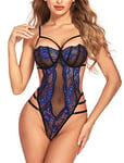 Avidlove Body Ensemble de body sexy en dentelle avec col en V et bretelles pour femme - Sous-vêtements une pièce - Bleu L