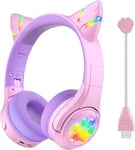 Riwbox Kids Bluetooth Headphones, CF9 Cat Ear Headphones with LED Light, Boom Mic&Built-in Mic for Calls, 85dB Volume Limited Kids Headphones Wireless & Wired for School Tablet PC Phones (Purple)