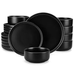 vancasso Black Plates and Bowls Set for 6, Stoneware Dinner Set 18 Piece, Elegant Dinnerware with Matte Glaze, Modern Style Playa Dinner Sets