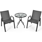 Costway Salon De Jardin 3 Pièces - 1 Table De Jardin Exterieur Avec 2 Fauteuils, Plateau Ø 60 Cm En Verre Trempé Cadre En Acier Gris