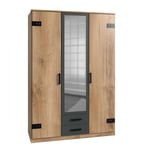 Armoire LISBURN style industriel 135 cm 3 portes 2 tiroirs chêne poutre graphite