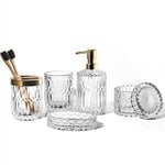 EMPO 6pcs Accessoires de Salle de Bain en Verre Transparent (Distributeur de Savon, Porte-Savon, Porte-Brosse à Dents, Gobelet, Pot à Cotons-Tige), Décoration Moderne Cristal Vintage (Transparentes)